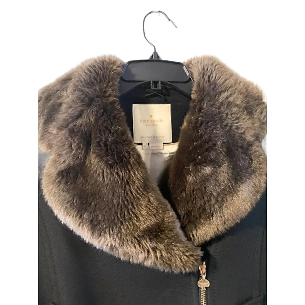 kate spade trina fur collar wool jacket 4 double zipper brown black $698